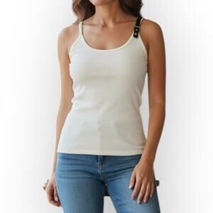Commense White Ribbed Tank Top Black Leather Buckle Strap XL - Elevated Basic